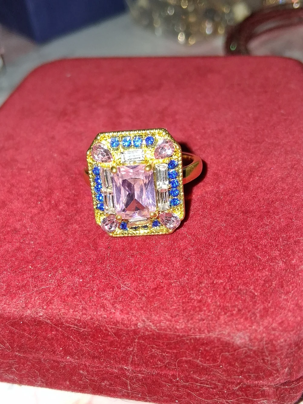 Source Unknown Gold-Tone Ring with Pink Center and Blue Accents